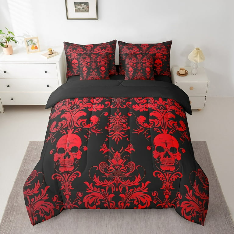 Red Damask Bed in a Bag Full 7 Pieces Full Size Comforter Set Antique Victorian Baroque Gothic Bedding Sets Vintage Floral Exotic Sugar Skull Bed Set with Comforter Sheets Pillowcases Shams Walmart ...