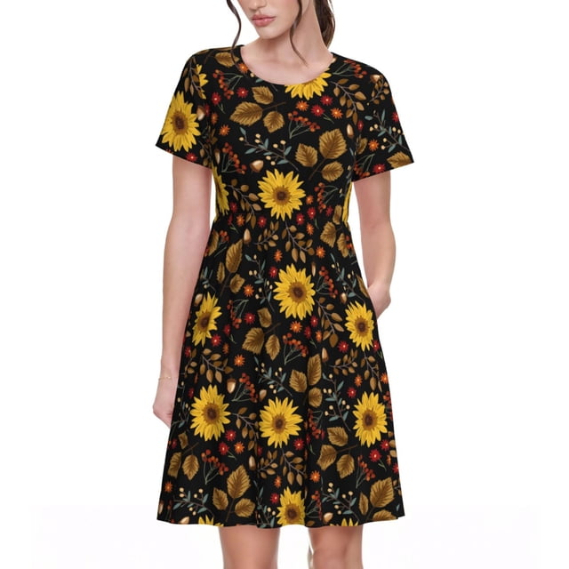 Bixox Robe d'Été à Manches Courtes pour Femmes Robe Ample Longueur Genou avec Poches-Tournesols Feuilles