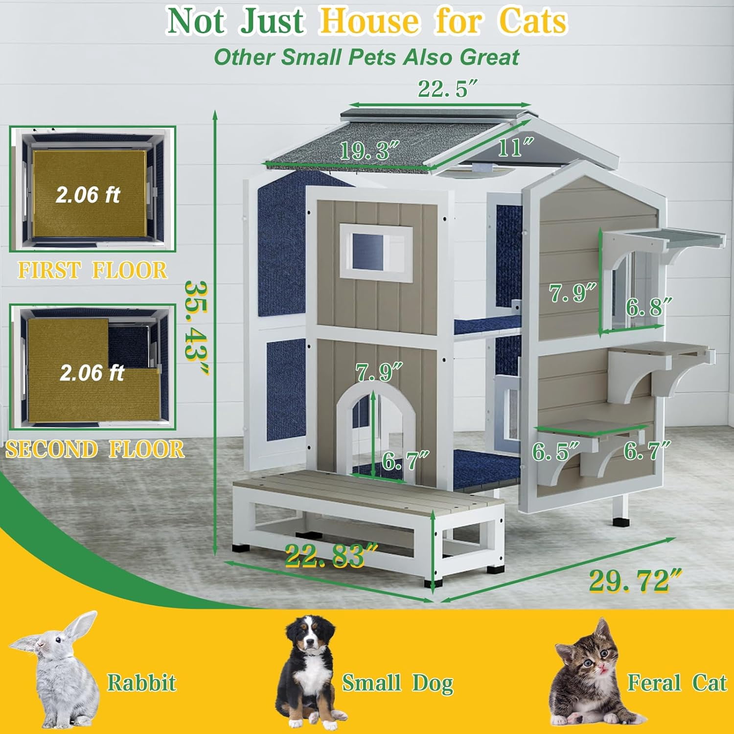 Petsblublu Insulated Outdoor Weatherproof Cat House Two Story Cats Shelter for Winter, with Jumping Platforms