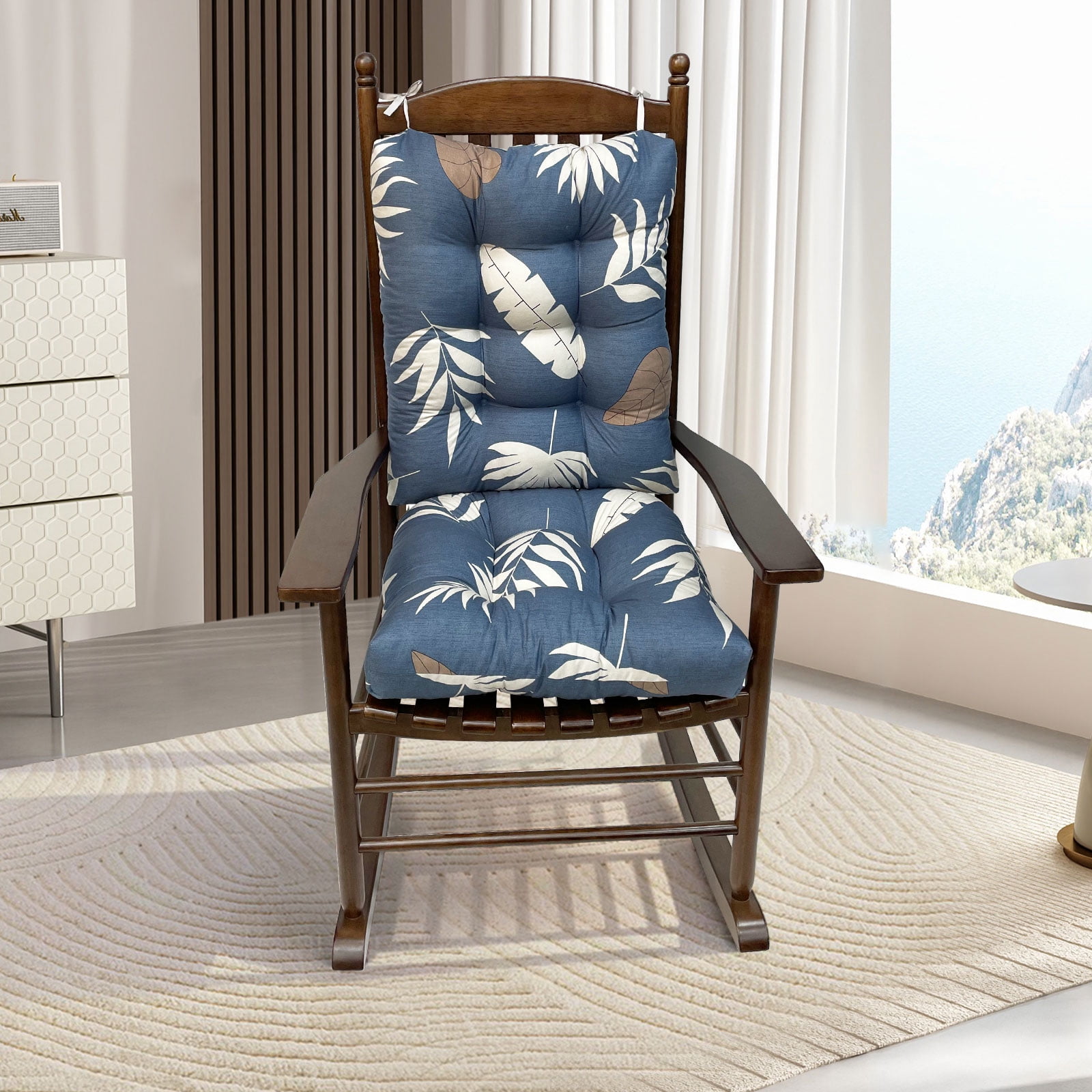 TOPCHANCES Indoor/Outdoor Rocking Chair Cushions Set, 2 Piece Tufted Comfortable Cushions for Rocking Chairs with Non-Slip Ties, Blue & Leaves