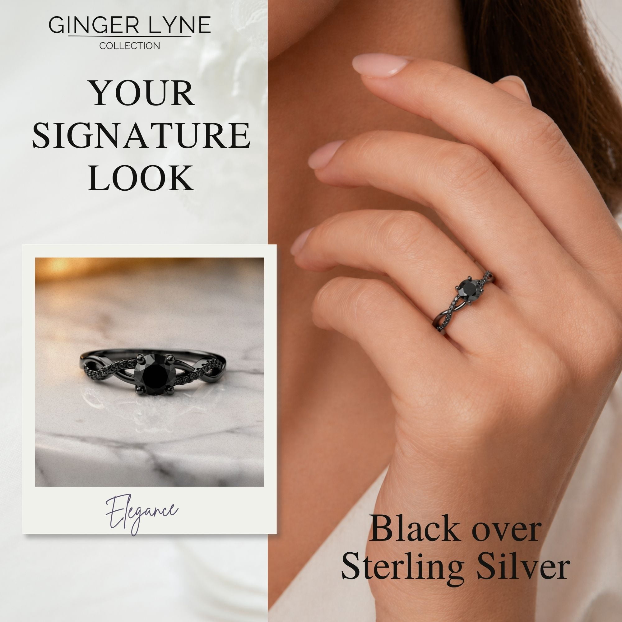 Queena Solitiare Black Engagement Ring for Women Sterling Silver CZ Ginger Lyne Collection