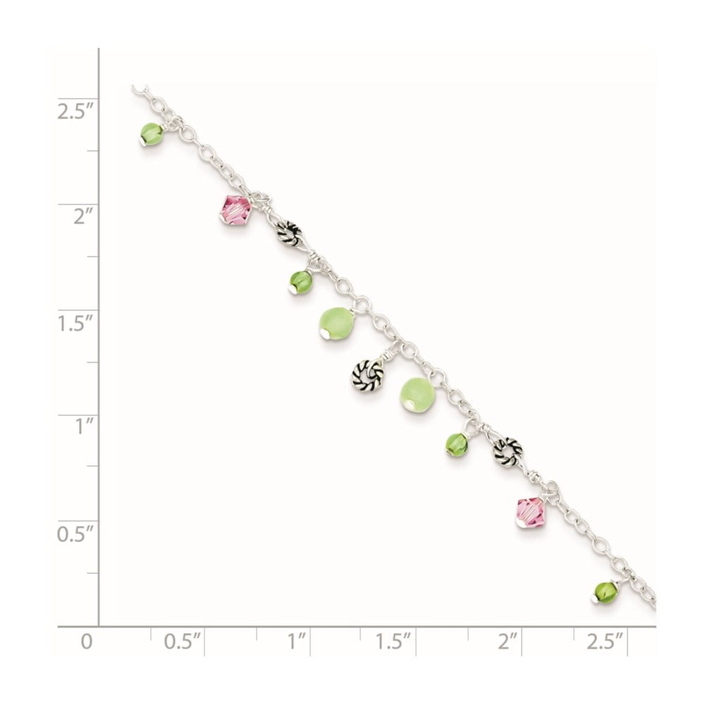 925 Sterling Silver Pink Crystal Green Quartz Peridot Beads Chain Anklet for Women 9"