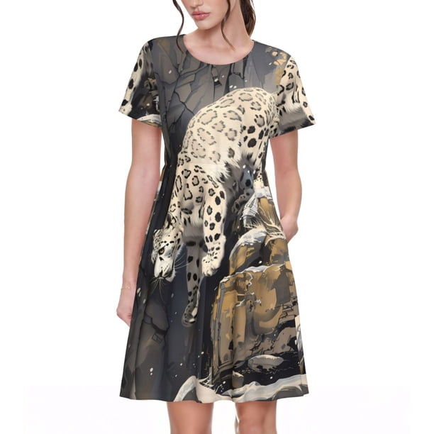 Fotbe Graceful Snow Leopard Vestido Largo de Moda para Mujer, Vestido Tipo Camiseta con Manga Corta y Estilo Casual a Rayas y Bloques de Color