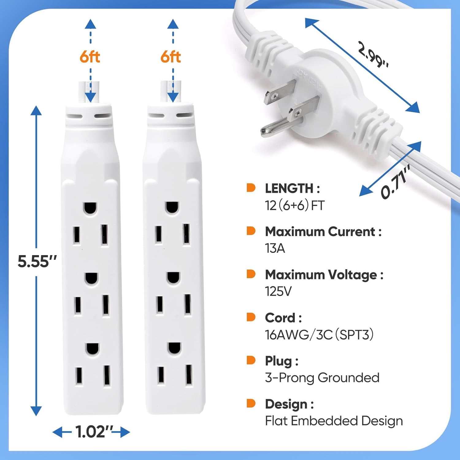 GHRTGR-Twin Extension Cord Power Strip - 12FT Dual Extension with Flat Wall Plug, Split Extension Cord with Multiple Outlets, Sleek Socket Double Head Outlet for Behind Bed, Couch,Indoor Flush Design