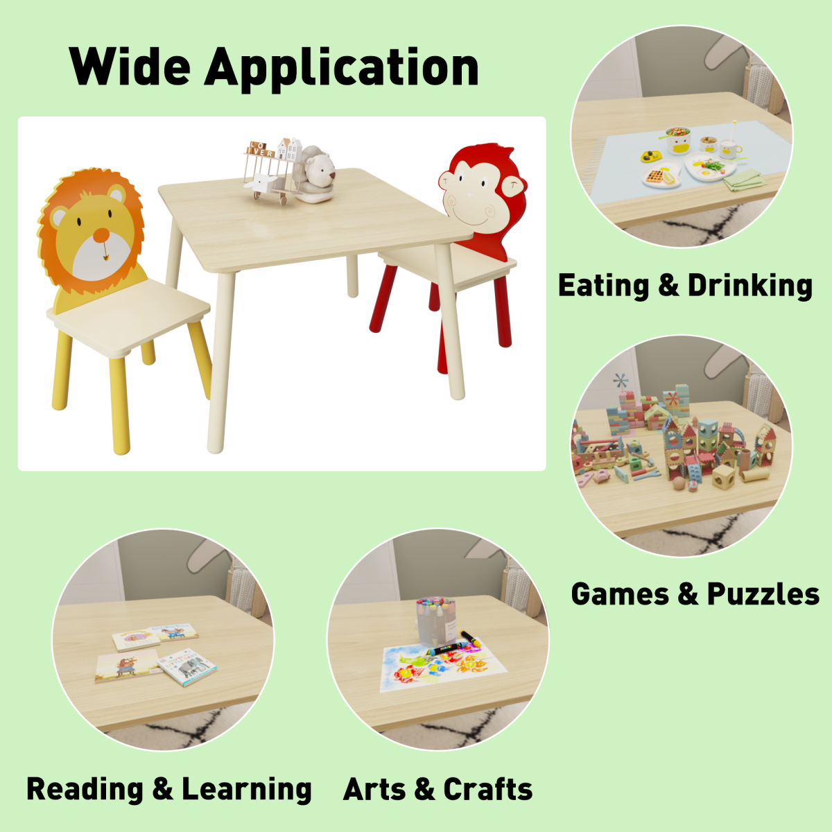 3 Piece Wood Table & Chair Set for Age 2-6 Kids, Drawing or Activity Play Wooden Table and 2 Chairs Set,2 Animals pattern (Lion & Monkey) Chairs for Nursery, Kindergarden