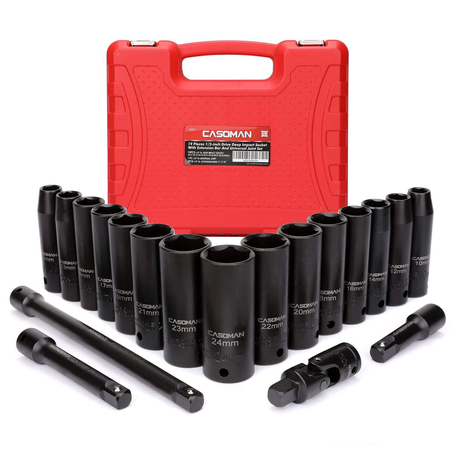 15pcs 3 and 6 extensions -HIS5A 6-Point CR-V Steel SAE Tacklife 3/8-Inch Drive Deep Impact Socket Set Heavy Duty Storage Case