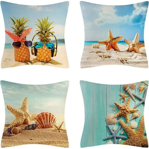 Nautical Coastal Throw Pillows Farmhouse Decorative Starfish Seashell Sand Conch Beach Throw Pillow Case Indoor Outdoor Cushion Cover Linen Pillowcase for Fall Home D¨¦cor 18 x 18 Inch Set of 4