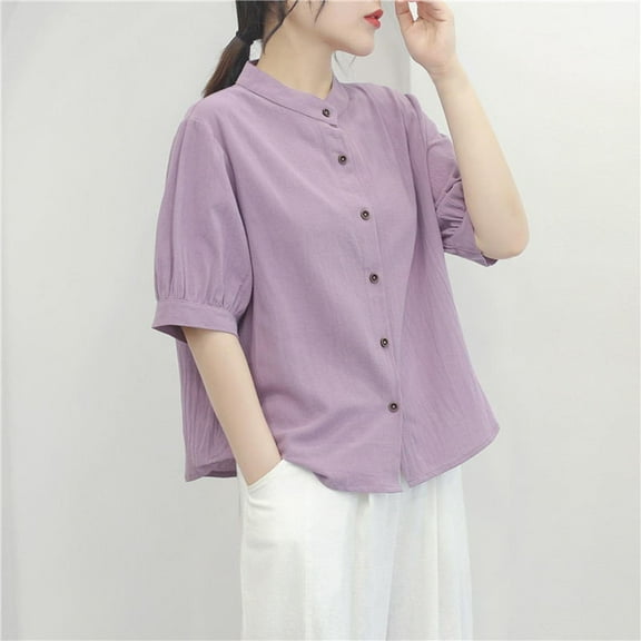 Women's Short Sleeve Blouse, Round Neck Casual Top with Button Detail, Lightweight Polyester Shirt for Summer