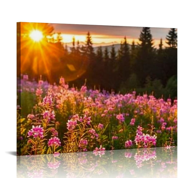 Creowell -Modern Landscape Art Print Posters,  Mountains Wall Art Pictures of Flowers on Canvas Print, Sunrise Canvas Art Ready to Hang Outdoor Wall Art for Bathroom Wall Decor 20x16in