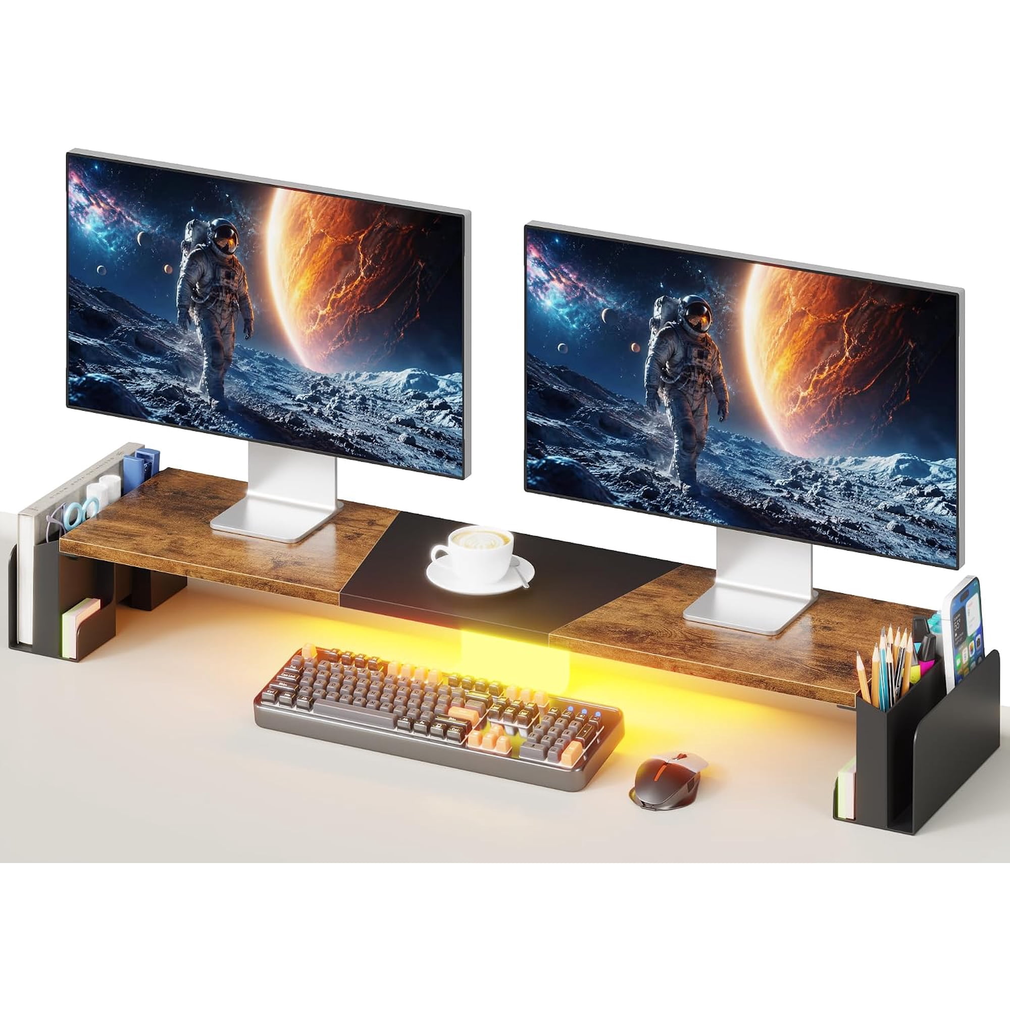 Dual Monitor Stand Riser with Storage Computer Monitor Riser with Adjustable Angle and LED Desktop Monitor Stand Organizer for Computer Laptop Printer