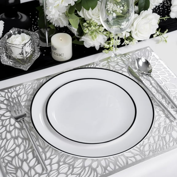 LIYH 120 Pcs White Plastic Plates with Black Rim - Plastic Disposable Plates Dishes for Party
