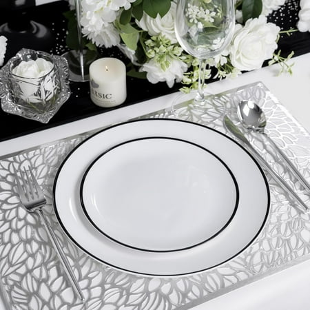 LIYH 120 Pcs White Plastic Plates with Black Rim - Disposable Plates for Party, Wedding, Birthday, and Special Events