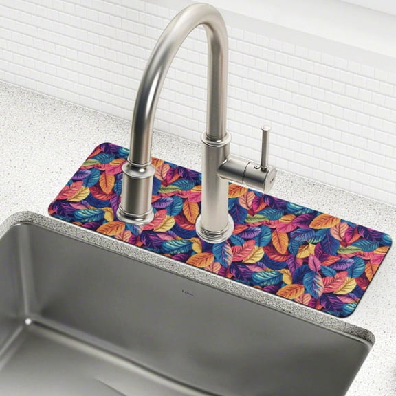 Yayeee Faucet Mat for Kitchen Sink 14.7" Diatomite Long Splash Guard Pad, Colorful Art Leaves Pattern