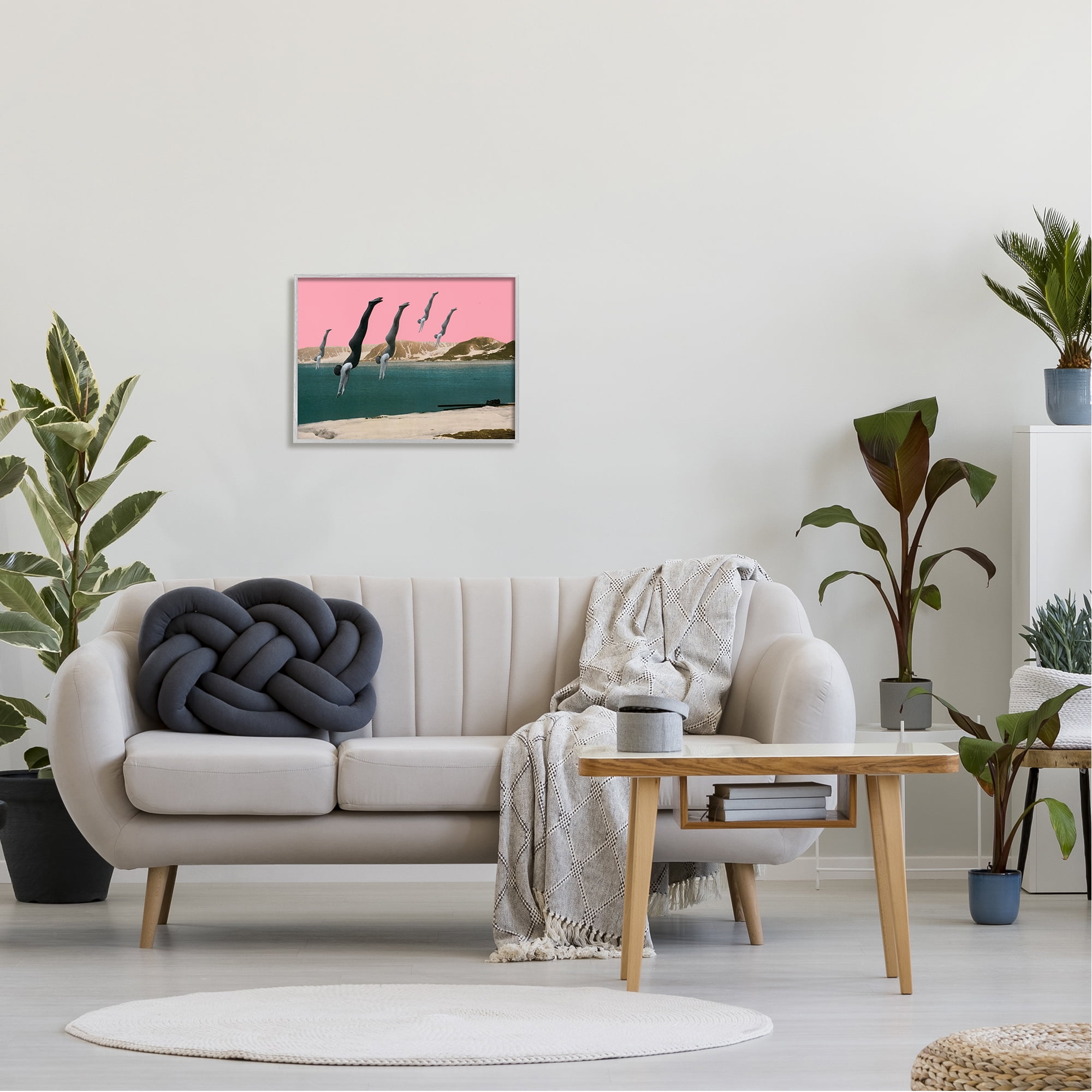 Surreal Swimmers Diving Modern Pink Sunset Landscape Abstract Graphic Art Framed Art Print Wall Art