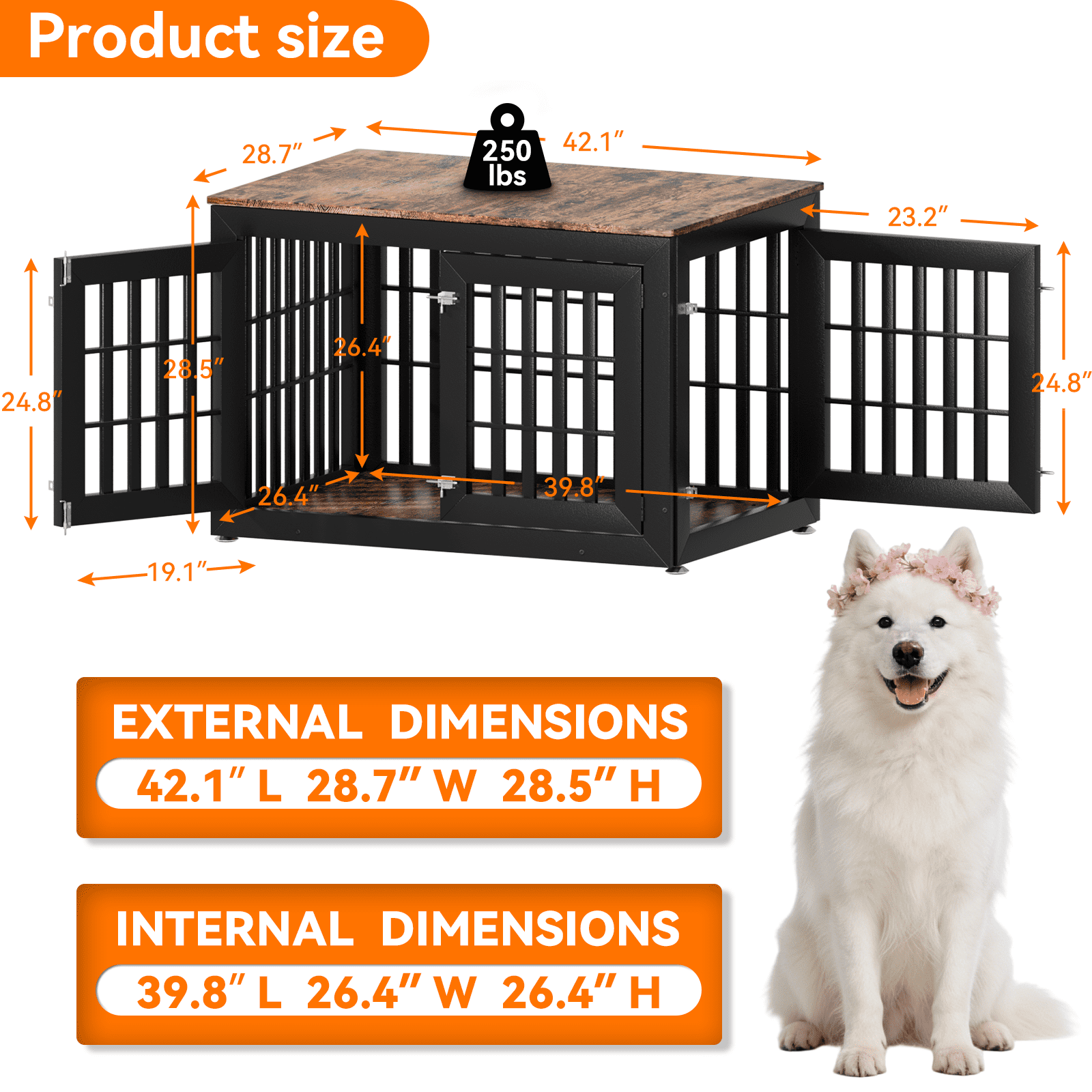 Snuowu 42" Heavy Duty Dog Crate Furniture for Small,Medium and Large Dogs,Rustic Wooden Dog Cage Kennel Indoor Furniture with Waterproof Top,Decorative Pet House Side End Table (Black & Wood)