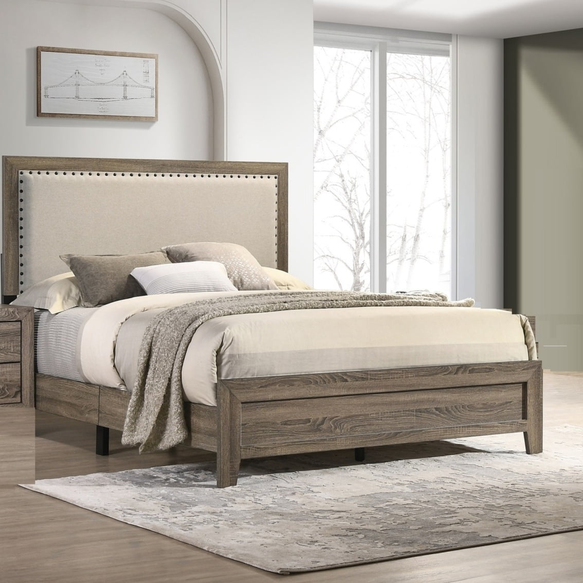 Tcbosik King Size Platform Bed, Wood Bed Frame with Upholstered Headboard, Box Spring Required, Grey