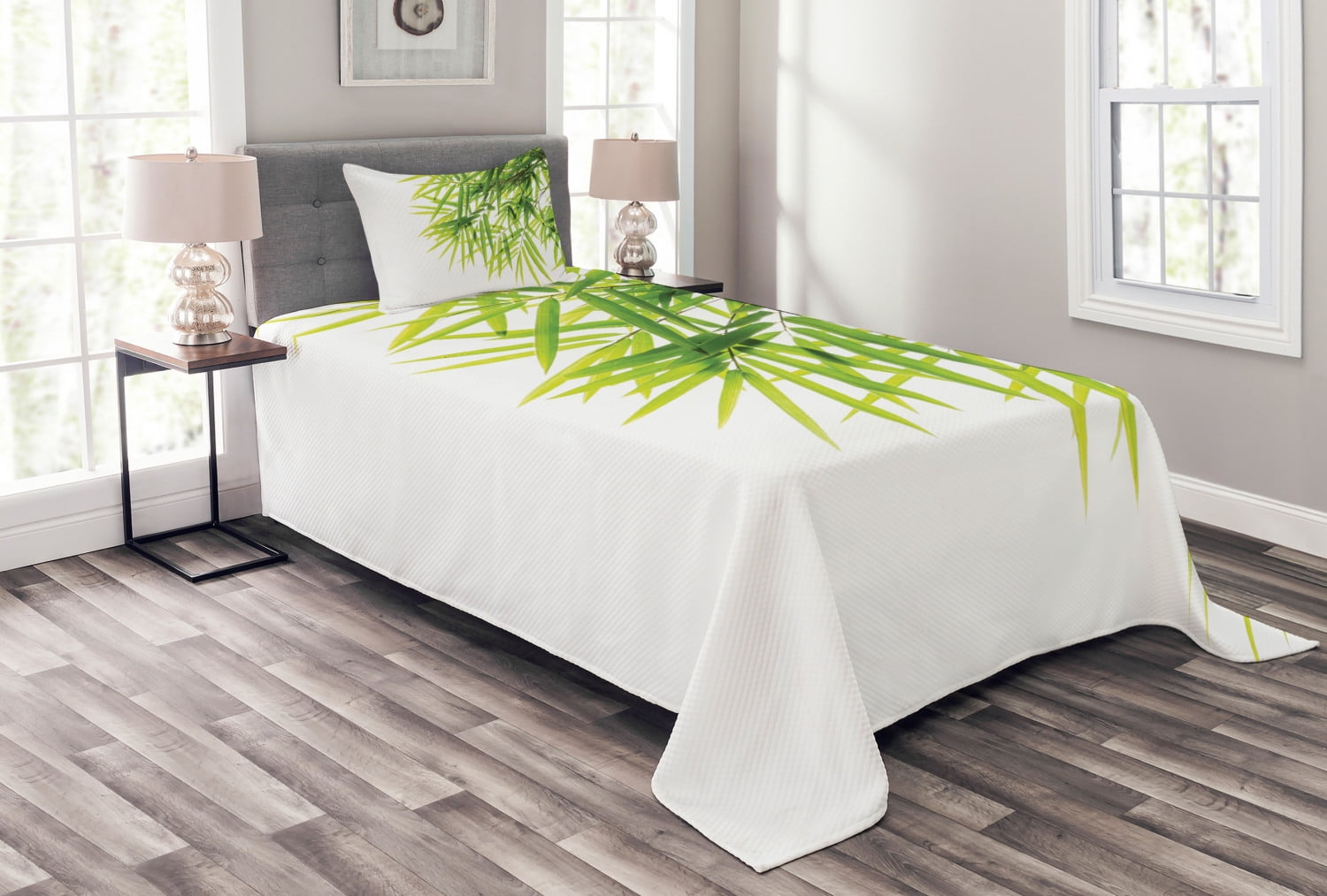 Bamboo Bedspread Set Twin Size, Bamboo Leaf Illustration Icon for