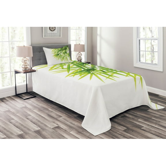 Ambesonne Asian Themed Quilted Bedspread Set 2 Pcs, Leaves Greenery Print, Twin Size, White and Green