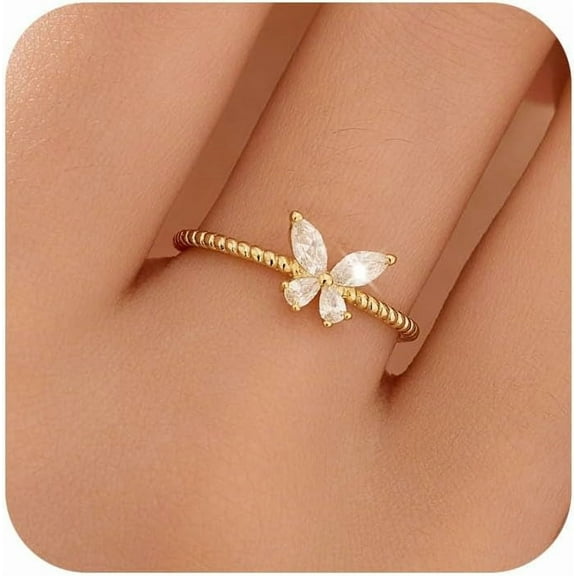 CZ Butterfly Ring for Women 925 Sterling Silver Cool Cute Simple Promise Rings 14K Gold Plated Dainty Trendy Stackable Minimalist Wedding Band Ring to Daughter Mom Sister Ideal for Her
