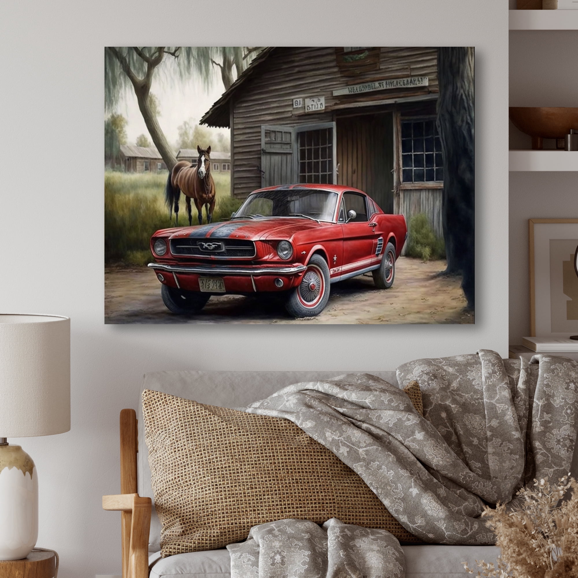 Designart Red Mustle Car On A Ranch Canvas Wall Art