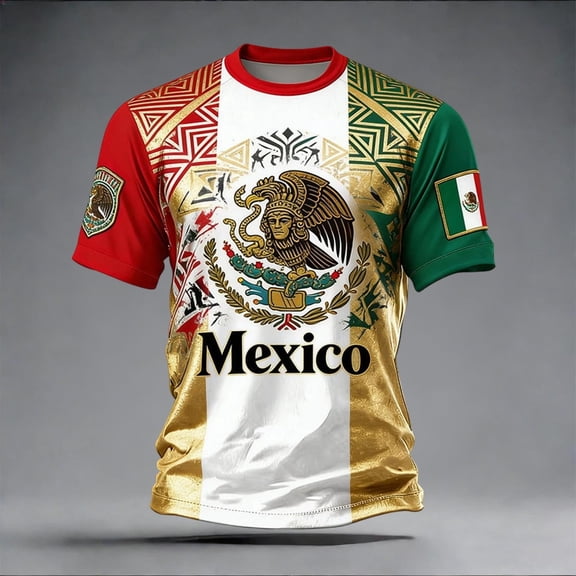 Mens Soccer Shirt Mexico Jersey Raglan Tops Short Sleeve Graphic T Shirt All Over Star Print Tee Fan Casual Tops TeeL