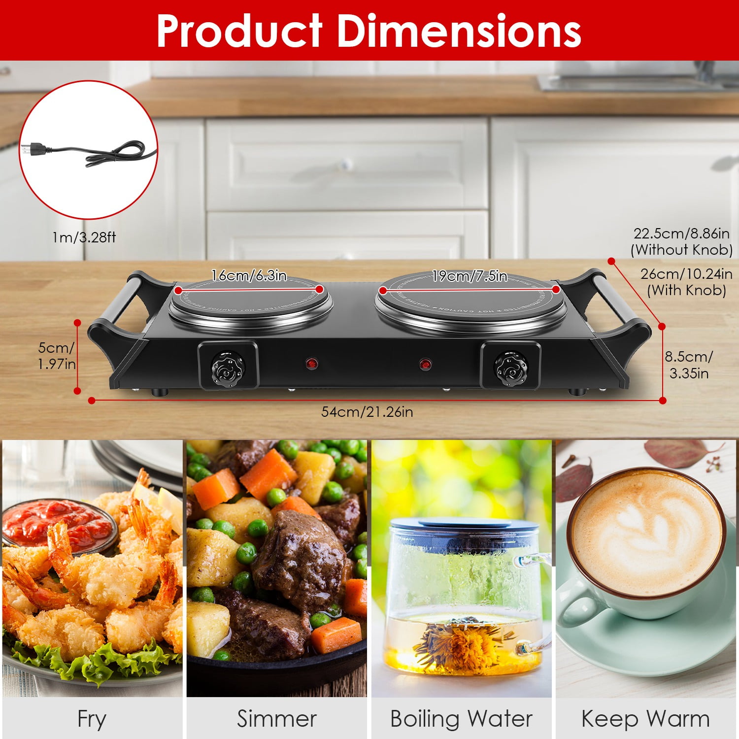 Dual Electric Hot Plate - 5-Second Fast Heating with 6.3 & 7.5 Inch Glass Plates, 800W+1000W Power, Thermostat Control & Auto Shut-Off, 338-1022°F Adjustable Temp, Portable for Camping, Dorms, Small