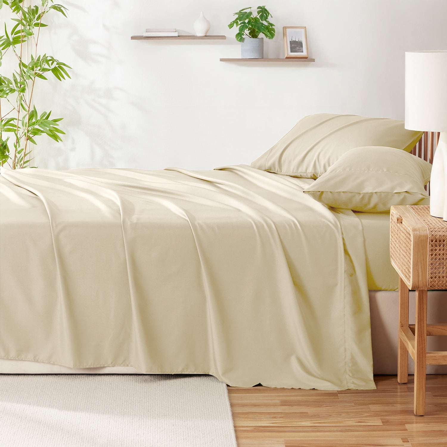 Virtu Bed Sheets Set, Deep Pocket Rayon Derived from Bamboo Blend Cooling 4 Piece King Sheets sets, Cream
