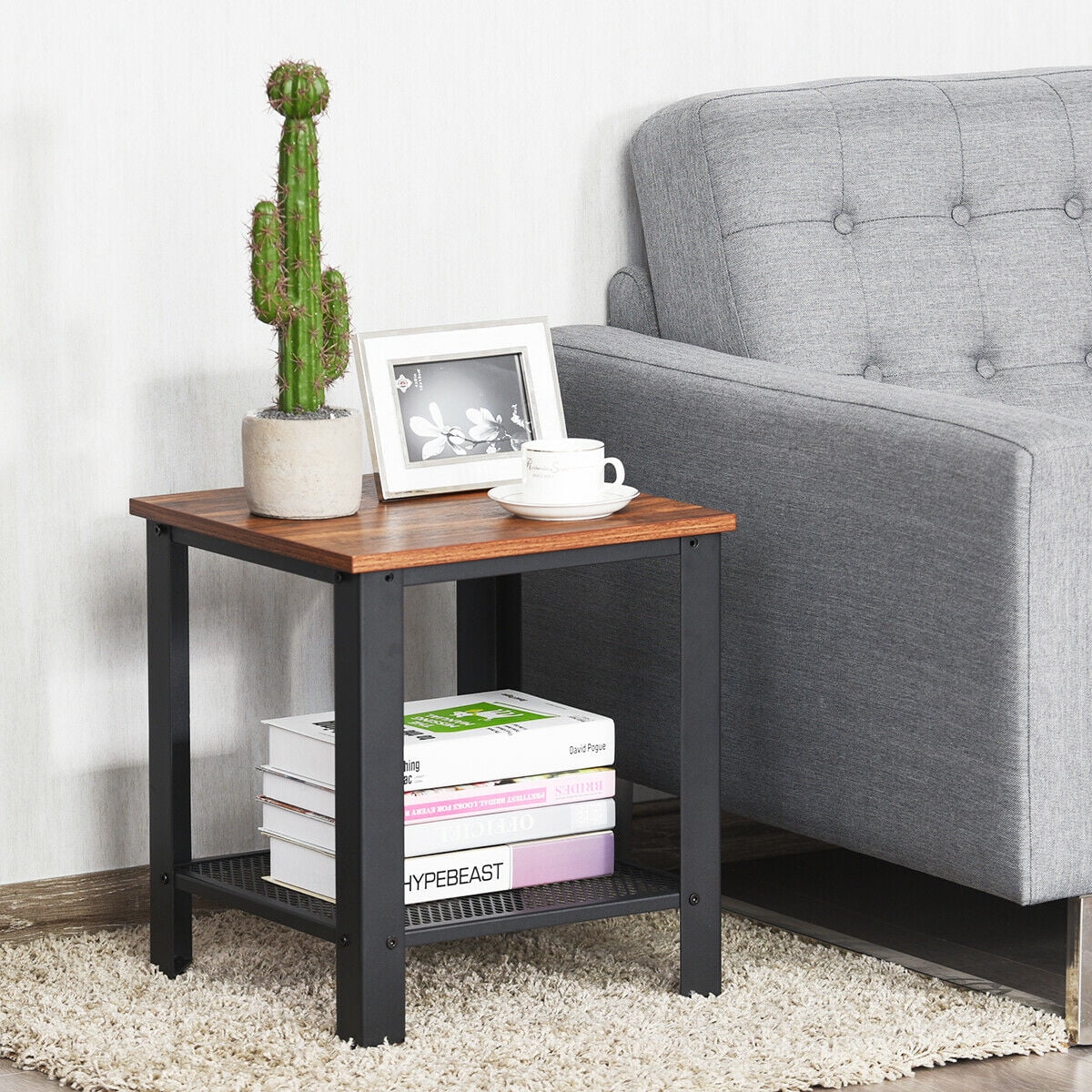 Gymax End Table with Storage Shelf, Black/Brown