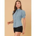 thumbnail image 4 of INSPIRE CHIC Camisa abotonada de oficina de trabajo de algodón con cuello de manga abullonada para mujer Azul polvoriento S, 4 of 6
