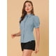 thumbnail image 4 of Camisa abotonada de oficina Allegra K de algodón con cuello de manga abullonada Azul polvoriento XS, 4 of 6