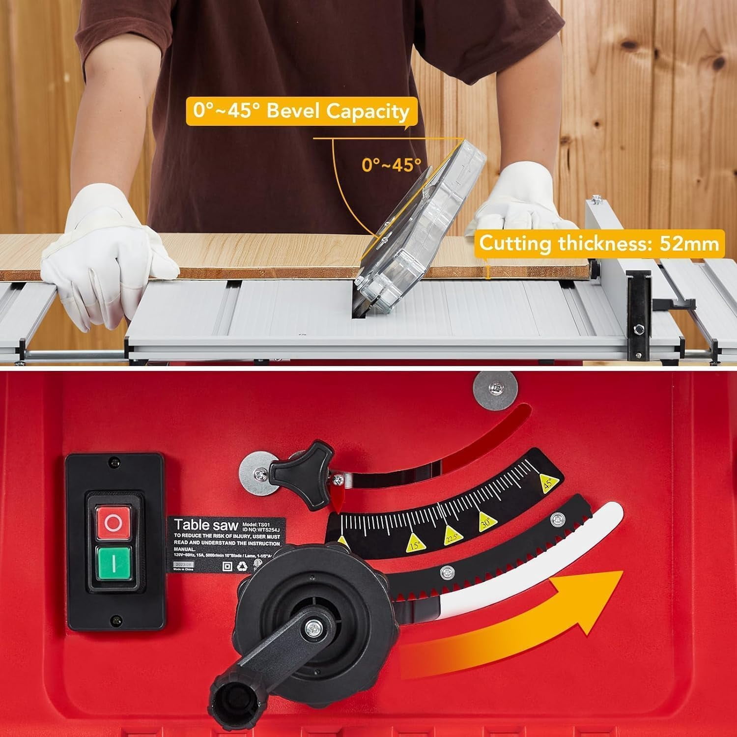 Table Saw, 10 Inch 15A Multifunctional Saw with Stand & Push Stick, 90° Cross Cut & 0-45° Bevel Cut, 5000RPM, Adjustable Blade Height for Woodworking, Red