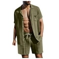 thumbnail image 3 of Linfrsh Men's 2 Pieces Cotton Linen Set Short Sleeve Button Shirts Summer Beach Shorts Casual Outfits(Army Green,XL), 3 of 6
