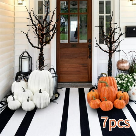7PCS Fake Pumpkins White Orange, Fall Artificial Pumpkins for Decoration Different Sizes, Halloween Thanksgiving Autumn Harvest DIY Foam Pumpkin Indoor Outdoor Home Decor