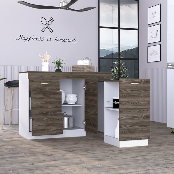 JUYG Laurel Kitchen Island, White/Dark Walnut, 3 Drawers, L-Shaped, Convertible