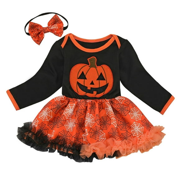 Mercatoo My 1st Halloween Outfit Baby Girls Pumpkin Romper Tutu Dress Headband Set Birthday P𝐚rty Dress up 𝐂ostume 2pcs Set