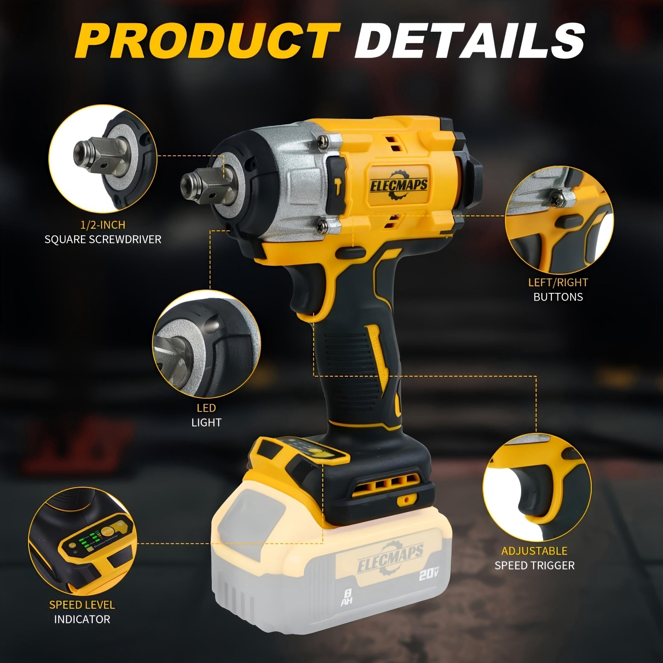 ELECMAPS Power Impact Wrench 1/2" 430N.m for Vehicle Maintenance & Home Repair, Compatible with Dewalt 20V Battery (Battery Not Included)