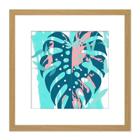 Swiss Cheese Plant Abstract Shapes Blue Pink Leaf Monstera Leaf Square Wooden Framed Wall Art Print Picture 8X8 Inch