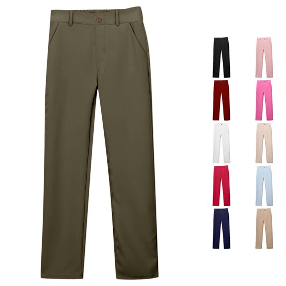 CONZONE School Uniform Pants For Big Girls Straight Leg High Waist Girls Pants With Pockets Relaxed Fit Casual Fall Trousers For Girls Size 14-15 Years Army Green