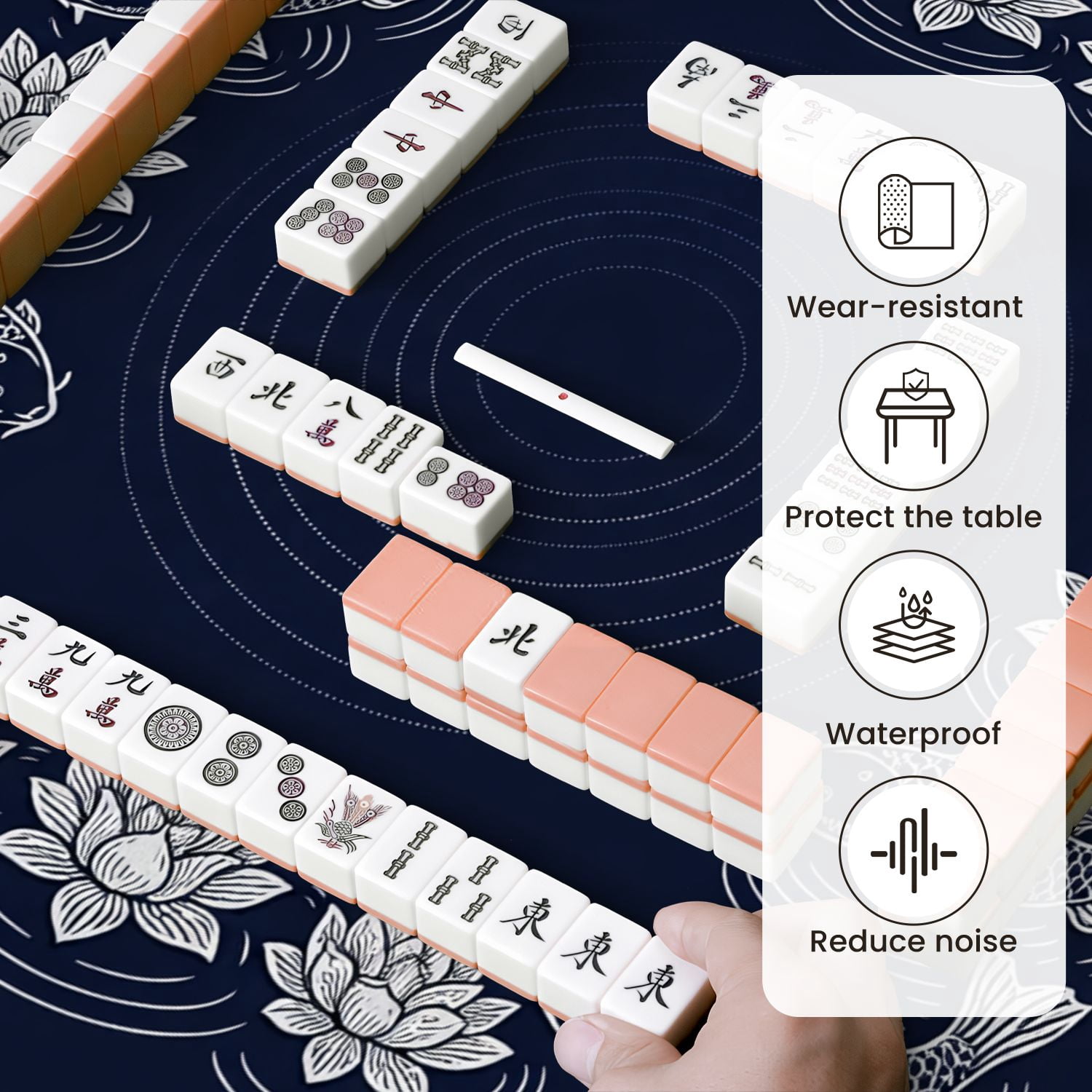 Mahjong Mat 31.5" x 31.5" Elegant Koi Fish Water Lily Circular Dark Blue Non-Slip Noise Reduction Mahjong Tiles Table Cover for Dominoes Poker Card Board and Tile Games