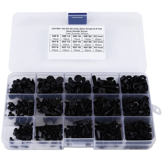 Kit surtido de tornillos y tuercas hexagonales de cabeza plana de acero de aleación M3 M4 M5 de 440 piezas para sujetadores de máquinas