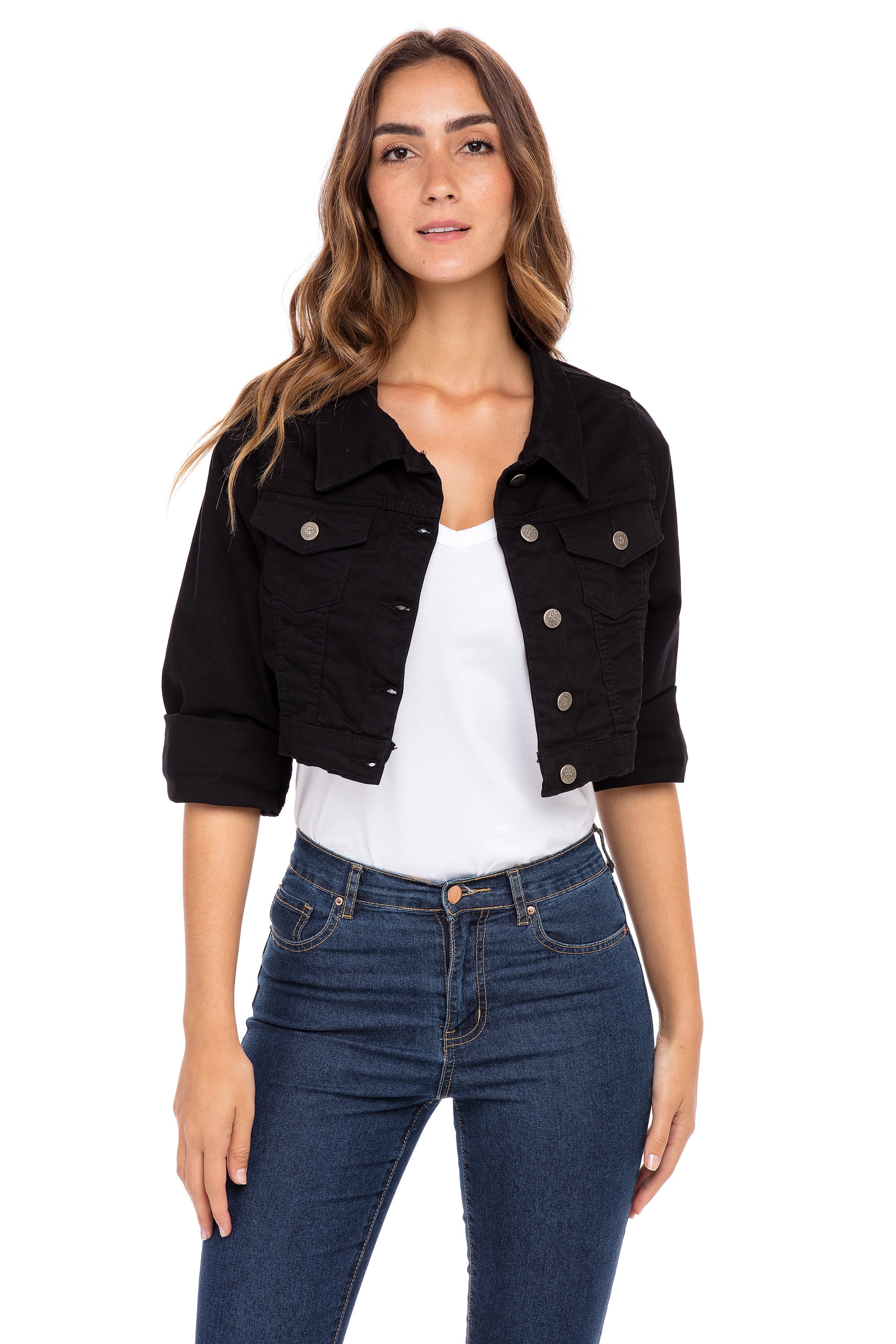 Womens Plus Size Button Closed Cropped Stretch Ladies Denim Jacket ...