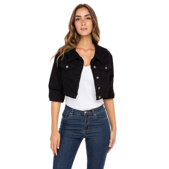 Womens Plus Size Button Closed Cropped Jean Jacket Stretch Ladies Denim Jacket Oversize Coat