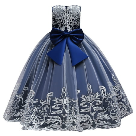 

Flower Girl Lace Dress for Kids Wedding Bridesmaid Pageant Party Formal Long Maxi Gown Big Little Princess First Communion Birthday Dance Prom Sequin Bowknot Puffy Tulle Dresses 6-7 Years Royal Blue