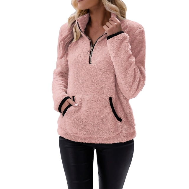 Women Winter Color Pullover Zipper Wool Loose Tops with Pockets