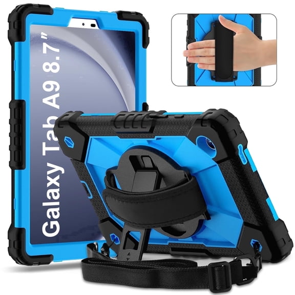 Case for Samsung Galaxy Tab A9 8.7" (SM-X110/X115/X117) - Heavy Duty Shockproof Cover with 360 Stand & Strap, Black/Blue