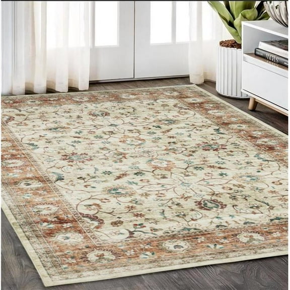 HomeRoots 574703 5 x 7 ft. Oriental Distressed Rectangle Area Rug, Ivory & Rust