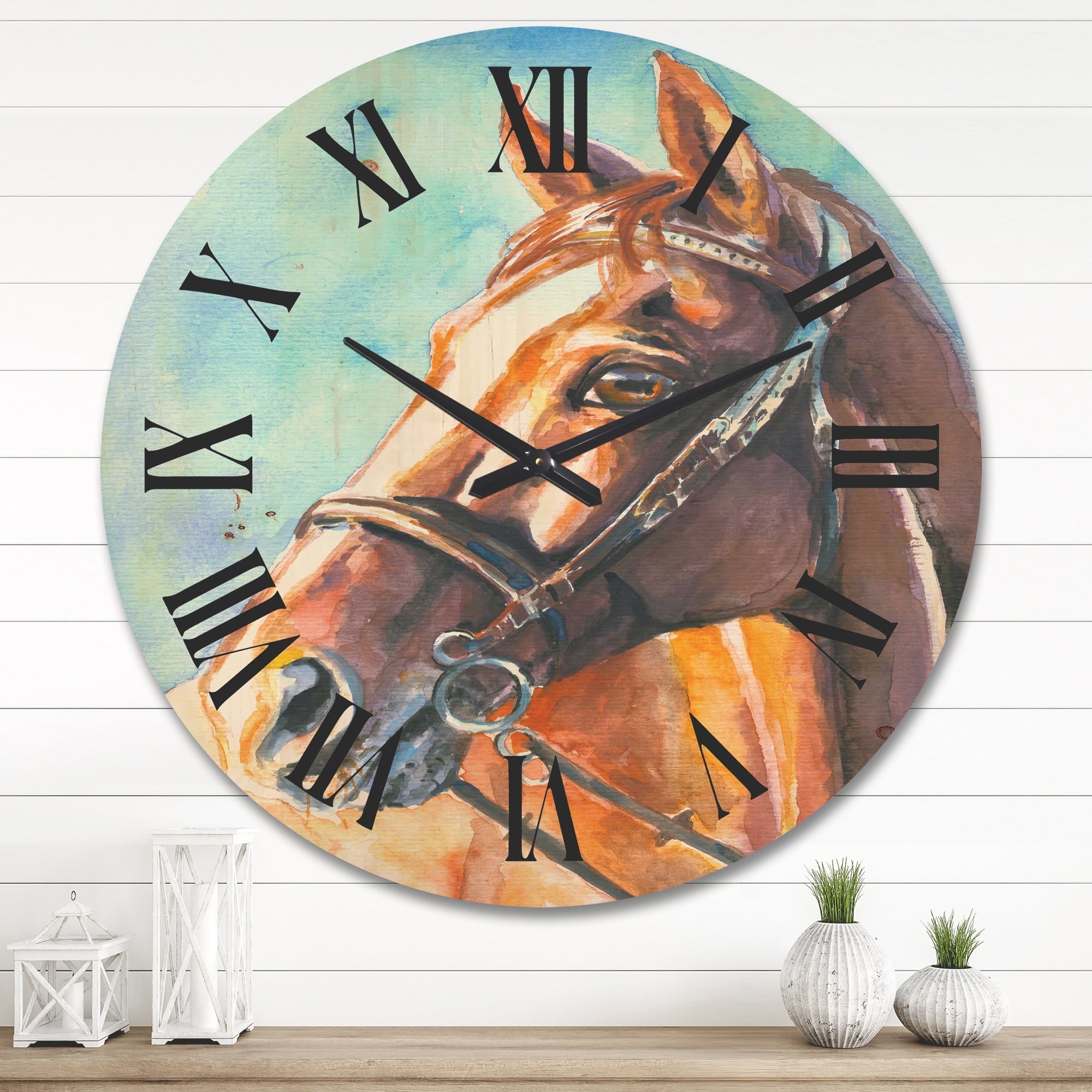 Designart 'Close Up Portrait of A Brown Horse' Farmhouse Wood Wall Clock