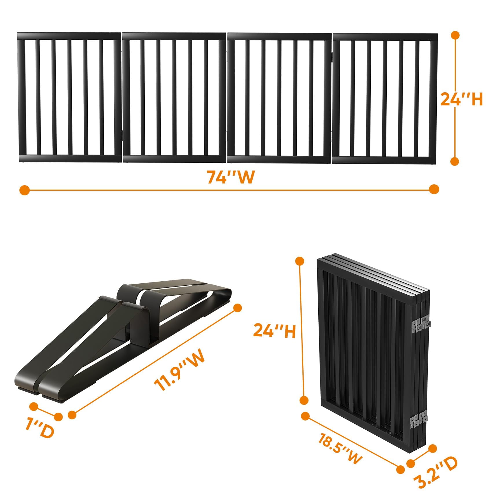 Smart FENDEE Bamboo Dog Gate Freestanding Pet Gate with 2 Support Feet for Doorways,Black,24"H,4 Panel