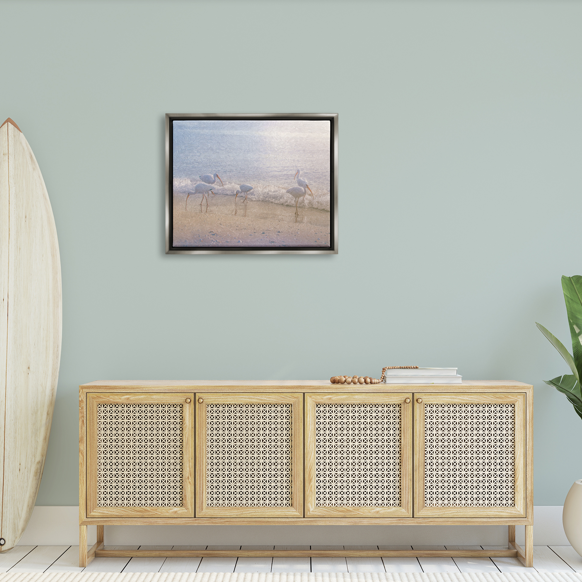 Stupell Seaside Waves Bird Flock Grazing Landscape Painting Gray Floater Framed Art Print Wall Art
