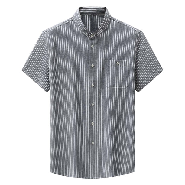 Mens Manga Corta Botón Abajo Camisas de Moda Bordado de Pie Cuello Bolsillo, Blusa de Algodón para Uso Al Aire Libre Y Diario
